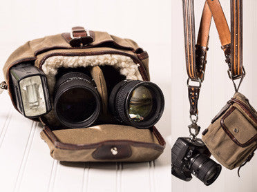 Waxed canvas and leather camera lens bag